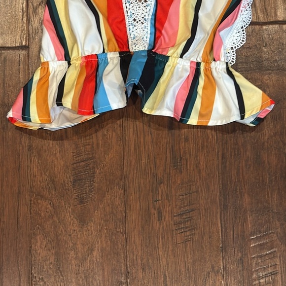 Y2K TOP! Small Colorful Striped Halter Top Crop Top with Elastic & Lace Trim - Picture 4 of 8